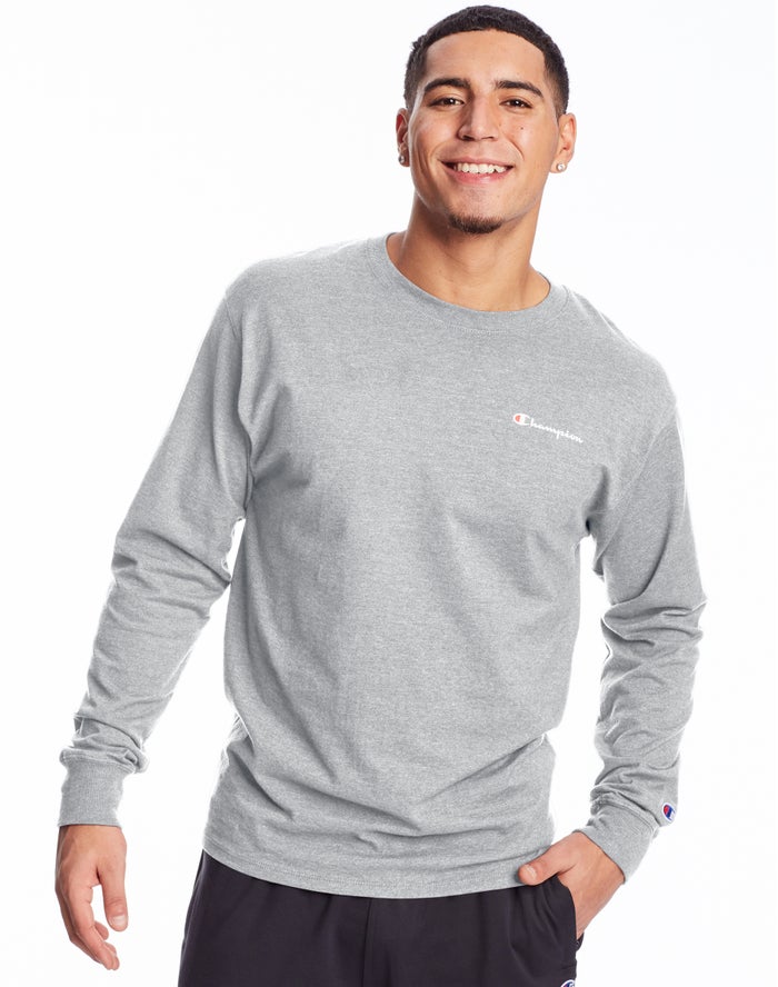 Champion Mens T-Shirt NZ - Classic Jersey Long-Sleeve Script Logo Grey ( 6758-KTUVC )